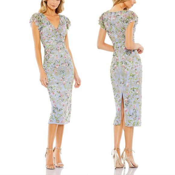 NWT MAC DUGGAL Floral Embellished Flutter‎ Cap Sleeve Dress Blue 5722 - Picture 1 of 9